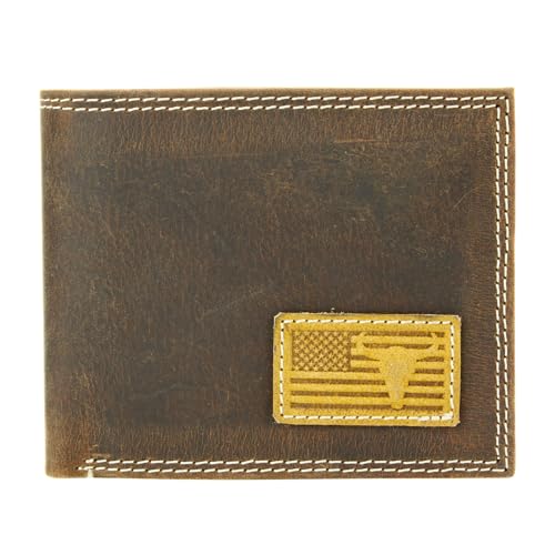 American Bison Men’s Bi-Fold Wallet – Embossed Bison Skull & American Flag Leather Wallet with 2 ID Windows, 6 Card Slots, Dual Bill Compartments – Wooden Gift Box (Brown)