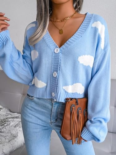 Women's Cloud Print Cropped Button Front Long Sleeve V Neck Knit Cardigan Sweater3