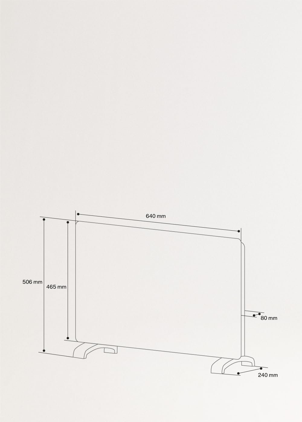 Technical diagram showing the dimensions of the CREATE/WARM CRYSTAL 1500W heater in millimeters.