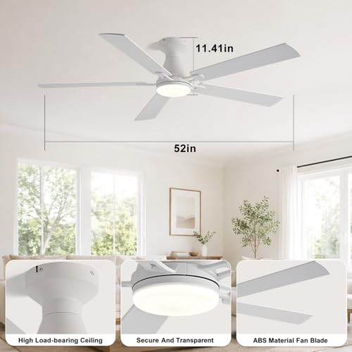 Image of Depuley Modern Ceiling Fan with Light: 52-Inch White Flush Mount Fandelier | Bedroom Indoor Outdoor Use, 5 Reversible Wood Blades, 6 Fan Speeds, Timing Function, Dimmable 3CCT, Remote Control Included