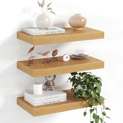 Image of Fun Memories 16Inch Floating Shelves for Wall, 8 Inch Deep Shelves for Bathroom|Bedroom|Kitchen Wall Mounted, Wood Hanging Shelf with Invisible Brackets for Home Storage Decor, Oak - 3 Pack