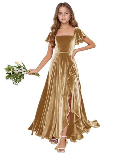 Plus Size Junior Bridesmaid Dresses Gold Velvet Flower Girl Dress 13-14 Years Old Girls Formal Junior Evening Dress with Slit
