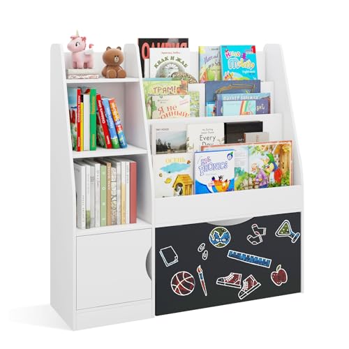 Image of ARTETHYS Kids Bookshelf and Toy Storage Organizer with Pull-Out Drawers, White Children Small Book Shelf and Toys Chest Organization Bookcase with Blackboard for Kid Bedroom