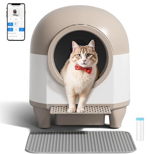 WARCAT Self Cleaning Litter Box Automatic 90 L Automatic Cat Litter Box for Multiple Cats APP-Controlled with Smart Sensors Safety Protection Mat 1 Roll Garbage Bag (Brown)
