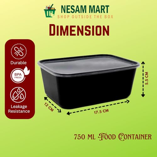 Image of Disposable Rectangle Containers for Food - 750ml Food Packing Box with Lid | Microwave & Fridge Safe Parcel Box | Pack of 25 Use & Throw Boxes for Storage
