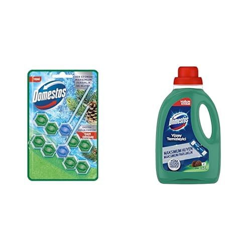 Domestos WC Blok 5'li Güç Çam Ferahlığı 600 Sifona Kadar Güçlü Temizlik 110 gr İkili Paket ve Domestos Yüzey Temizleyici Yoğun Kıvam Çam 1500 ml
