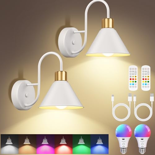 Image of Frideko Rechargeable Battery Operated Wall Sconces Set of Two with Remote, RGB 15 Colors Dimmable White Wall Light, Indoor Battery Powered Wireless Sconce with 4 Timer for Living Room Bedroom