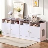 JanflyHome Double Cat Litter Box Enclosure for 2 Cats, 63" Wooden Hidden Cat Litter Box Furniture with Power Outlet, Sliding Bottom Easy Clean, Cat House TV Stand, Walnut