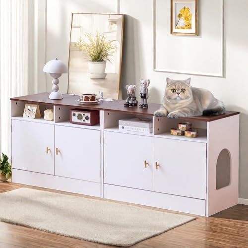 JanflyHome Double Cat Litter Box Enclosure for 2 Cats, 63" Wooden Hidden Cat Litter Box Furniture with Power Outlet, Sliding Bottom Easy Clean, Cat House TV Stand, Walnut