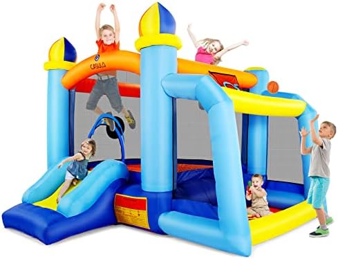 Inflatable Bounce House with Blower, 6 in 1 Indoor Outdoor Bouncy Jumping Castle for Kids Toddlers Ages 2-10 Years with Ball Pit and Slide, Dart Target, Basketball Hoop, Repair Kit and Storage Bag