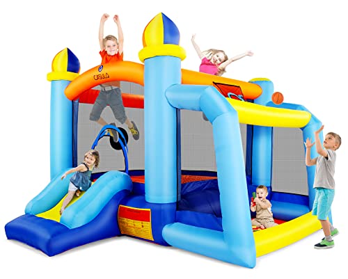 Inflatable Bounce House With Blower, 6 In 1 Indoor Outdoor Bouncy Jumping Castle For Kids Toddlers Ages 2-10 Years With Ball Pit And Slide, Dart Target, Basketball Hoop, Repair Kit And Storage Bag #TOP3