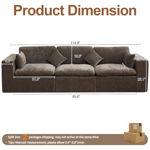 Image of 115''Cloud Boneless Sectional Couch, Modular Sectional Sofa Deep Seat, Oversized Upholstered Convertible Comfy 3 Seater Chenille Memory Foam Sofa Couches for Living Room, Brown