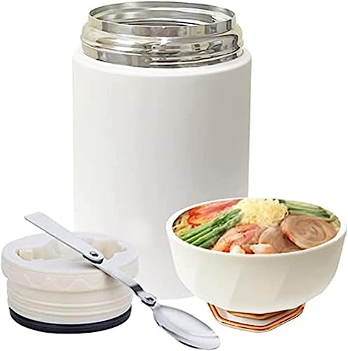 KHOBISOFT Food Flask With Folding Spoon, 600ml (20oz) Stainless Steel Jar for Hot and Cold Meals Double Walled Soup Flask Leakproof Food Jar Soup Containers (white)