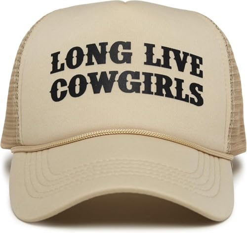 Funky Junque Foam Trucker Hat Funny Mesh Back Baseball Cap for Men & Women Cowboy Chic Party Hat Trendy Womens Trucker Hats - Long Live Cowgirls (Khaki)