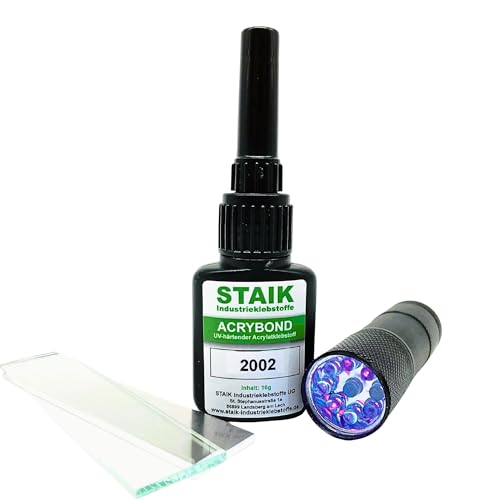 STAIK Acrybond UV-Kleber Glas Metall [16g] – Hochfester Glaskleber mit UV-Lampe | Für Glasreparatur, Möbel & Modellbau | Glasklar härtend in Sekunden | Made in Germany