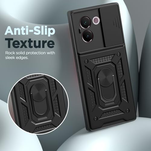 Image of Pikkme Back Cover for Vivo V30e 5G | Sliding Camera Shield with Ring Stand | D10 Full Camera Protection Bumper Case (Black)