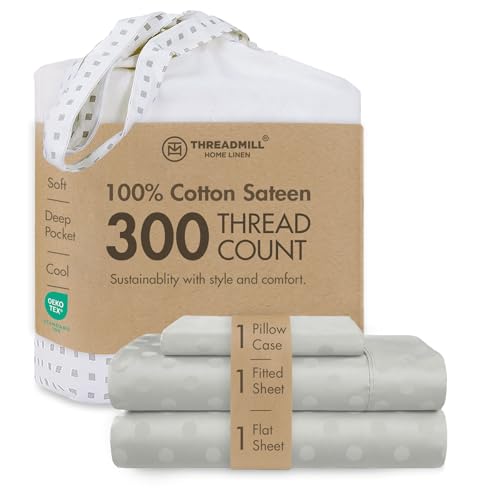 Image of Threadmill 300TC Cotton Twin Sheet Set, Sateen, Damask, Light Grey, 3-Piece