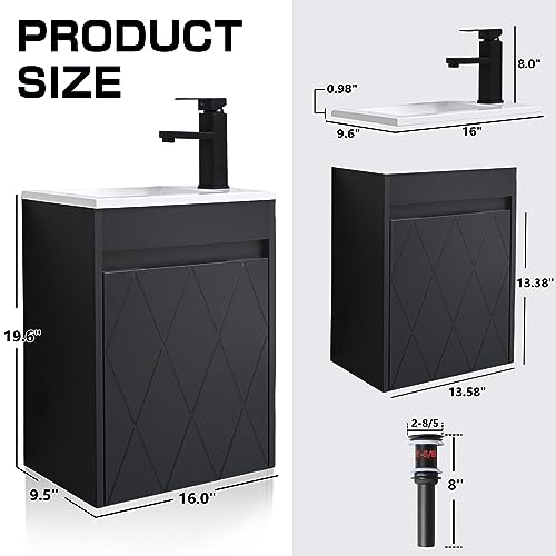 16" Bathroom Vanity Sink Combo for Small Space, Wall Mounted Bathroom Cabinet Set with White Resin Basin Sink Top Black Faucet Pop Up Drain Black