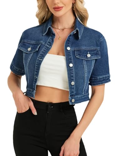 LifeShe Women Stretch Cropped Denim Jacket Short Sleeves Button Down Trucker Jean Jackets Coats