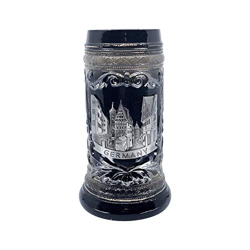 1 Liter Charcoal Black Deluxe Ceramic Beer Stein Mug with Deutschland Germany Village Scene Engraved Metal Medallion