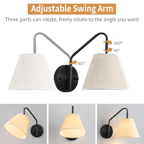Image of Black Wireless Wall Sconces Set of Two, Swing Arm Battery Wall Sconce, Battery Operated Wall Sconce with Remote, Battery Sconces with Linen Lampshade, Rechargeable Wall Lights for Living Room