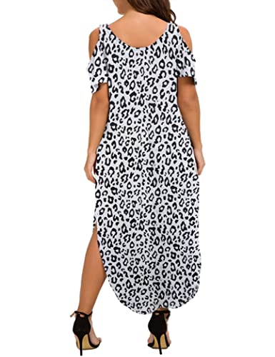 Gxlu Women's Plus Size Summer Casual Loose Split Maxi Dress Cold Shoulder Short Sleeve Long Dresses With Pockets Black Leopard Print 2X #TOP2