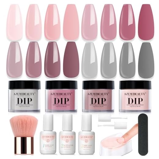 AZUREBEAUTY Dip Powder Nail Kit, 4 Colors Gentle Nude Pink Neutral Skin Dipping Powder System Liquid Set Recycling Tray with Base & Top Coat Activator for French Nail Art Manicure Salon DIY at Home