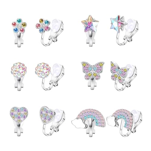 CHUANFU 6 Paires Boucle D'oreilles Clip Fille Enfants, Boucle Oreille Hypoallergéniques Clips Sans Trou Mignon en Coeur Papillon et Motif Floral, Bijoux Accessoires...