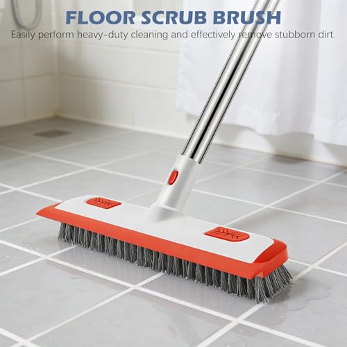 Image of SetSail 4-in-1 Tile Tub Floor Scrubber with 52-inch Adjustable Long Handle Shower Cleaner Brush Comes with Floor Scrub Brush and 3 Replacement Brush Heads for Cleaning Bathroom Tub Tile, Orange
