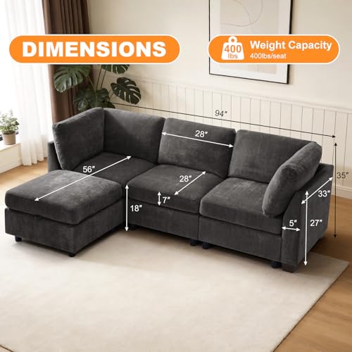 Image of TEKAMON 94 inch L Shaped Modern Sofa Modular Sectional Couch with Ottoman, 4-Seat Chenille Deep Seat Sofa for Living Room, Bedroom and Apartment, Dark Grey