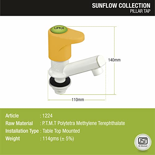 Image of LIPKA Pack of 2 Sunflow Pillar Tap Faucet | PTMT Water Tap | Ivory /Yellow Color | Plastic | Polished