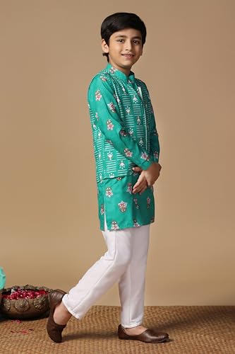 Image of Fashion Dream Boy's Cotton Blend Printed Kurta Pyjama And Jacket Set|Kurta And Payjama Set