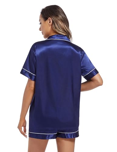 Image of Fivali Women Silk Satin Pajamas Set: Soft Short Sleeve 2 piece Pjs Ladies Button-down Pj Sets Silky Women's Sleepwear