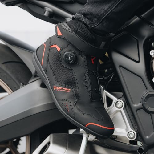REBELHORN Spark II Motorradstiefel Damen und Herren | PU Leder | ATOP Schnell-Schnürsystem | Knöchelprotektoren | Verstärkte Zehen | Mesh Belüftungspaneele