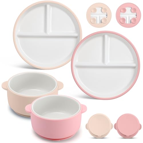 Image of Domensi 4 Pcs Porcelain Kids Plates and Bowls Sets with Suction, 2 Ceramic Toddler Divided Plates 2 Baby Anti Slip Silicone Sleeve Bowls for Feeding Supplies Microwave Dishwasher Safe (Pink,Beige)