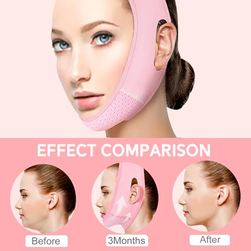 MASIKA Chin Strap for Sleeping,Adjustable Chin Strap,Jaw Strap,Jawline Shaper,V-Line Mask Chin Up Mask V Shaped Face Mask, Jaw Exerciser,Reusable chin strap,Pink。