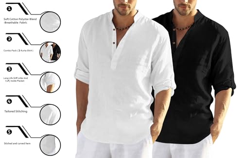 Image of Zombom Men's Combo Cotton Polyester Blend Solid Full Sleeve Straight Regular Fit Mandarin /Chinese Collor Kurta (Pack of 2)