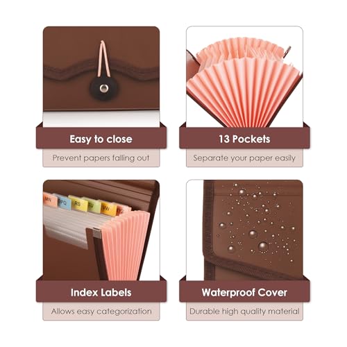 Image of Polen 2 Pcs Cheque Expanding File with Elastic Closure 13 Pockets 0.7mm Outer Cover & 0.2mm Inner Partition Sheet, Edge Binding, Index Tabs for Easy Identification, Size Cheque. (Radiant Brown)