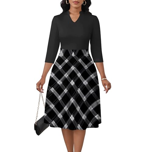 Women’s Casual A-line Midi Dresses 3/4 Sleeve V Neck Fit and Flare Dress with Pockets