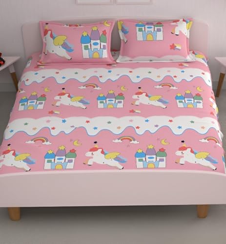 Image of RD FABS Glace Cotton Wrinkle Free Soft Hypoallergenic Bed Sheet with 2 Pillow Cover,Cartoon Printed,Double Bed King Size Bedsheet for Kids Room Boys Girls(90x95 Inches /Pink /Unicorn),144 TC