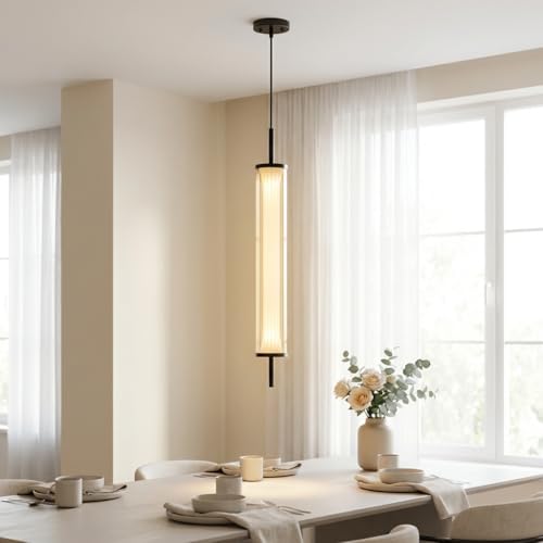 Image of Pendant Light for Ceiling | 3-Color CCT (Warm + Natural + Cold White) | Cylindrical Ribbed Acrylic & Metal Hanging Light for Bedroom Living Room Dining