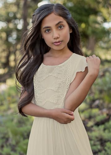 Girls O-Neck Chiffon Dresses Tiered Boho Flower Girl Ruffle Sleeve Lace Ruched A-Line Maxi Wedding Party Dresses3