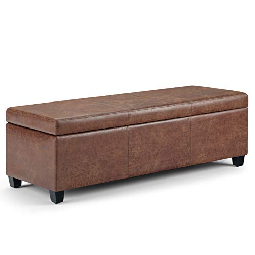 Simpli Home Avalon 48 inch Wide Rectangle Lift Top Storage Ottoman Bench in Upholstered Distressed Umber Brown Faux Air Leather with Large Storage Space for the Living Room, Entryway, Bedroom