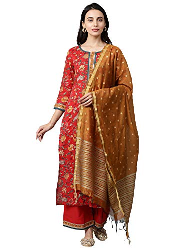 Image of INDO ERA Women's Pure Cotton Printed Straight Kurta with Pant & Dupatta Set (Red IE17KD0RD1869)