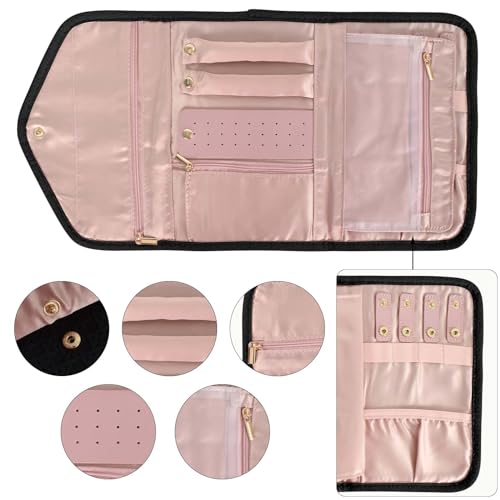 Faltbare Reise Schmuck Organizer,Leder Schmuckaufbewahrung Schmuckrollen Tragbare,Aufbewahrungstasche für Schmuck, Schmuckrolle Organizer Tasche für Ohrringe Halsketten Ringe Armbänder Uhren (Schwarz)