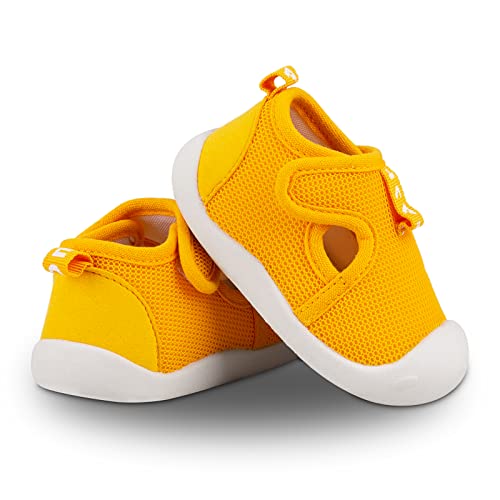 Baby First Walking Shoes Toddler Size 5 Flexible Boy Girl Soft Sole Non Slip Casual Mesh Breathable Lightweight Rubber Slip On Tennis Running Sneakers for 1 Year 12-18 Months Outdoor(Yellow S16) 5T