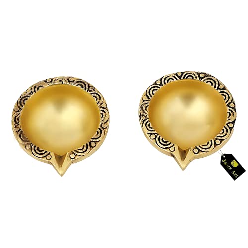 Image of Brass GOL Pooja Diya, Kuber Deepak Oil Lamp, Pack of 2 | Set of two round brass diyas for daily pooja, home temple, aarti and festive decoration
