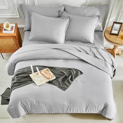 Image of Kids Comforter Sheet Set - Soft and Breathable Bed Set Includes Quilted Comforter, Fitted Sheet, Flat Top Sheet, Pillowcase and Pollowshams For Boys Girls - 7 Pieces Bed in a Bag Full Szie Gray