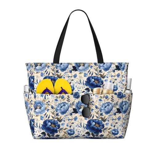 Large Beach Bags for Women Sandproof - Blue Peony Flower Print Summer Work Travel Tote Bags with Zipper