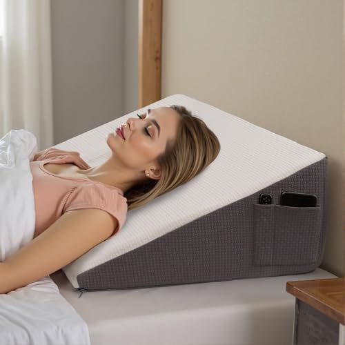 Exsnugy Wedge Pillow 25.5cm Triangle Elevated Bed Wedge Pillow Headboard for Acid Reflux Relief, Sleeping, Post Surgery, Back Pain Relief, Snoring, Soft Memory Foam Top & Washable Breathable Cover